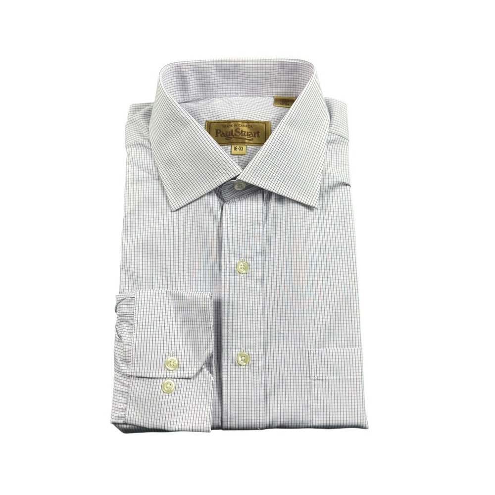 Paul Stuart Mens 16-33 Dress Shirt White Blue Purple Check Cotton L/S NWT